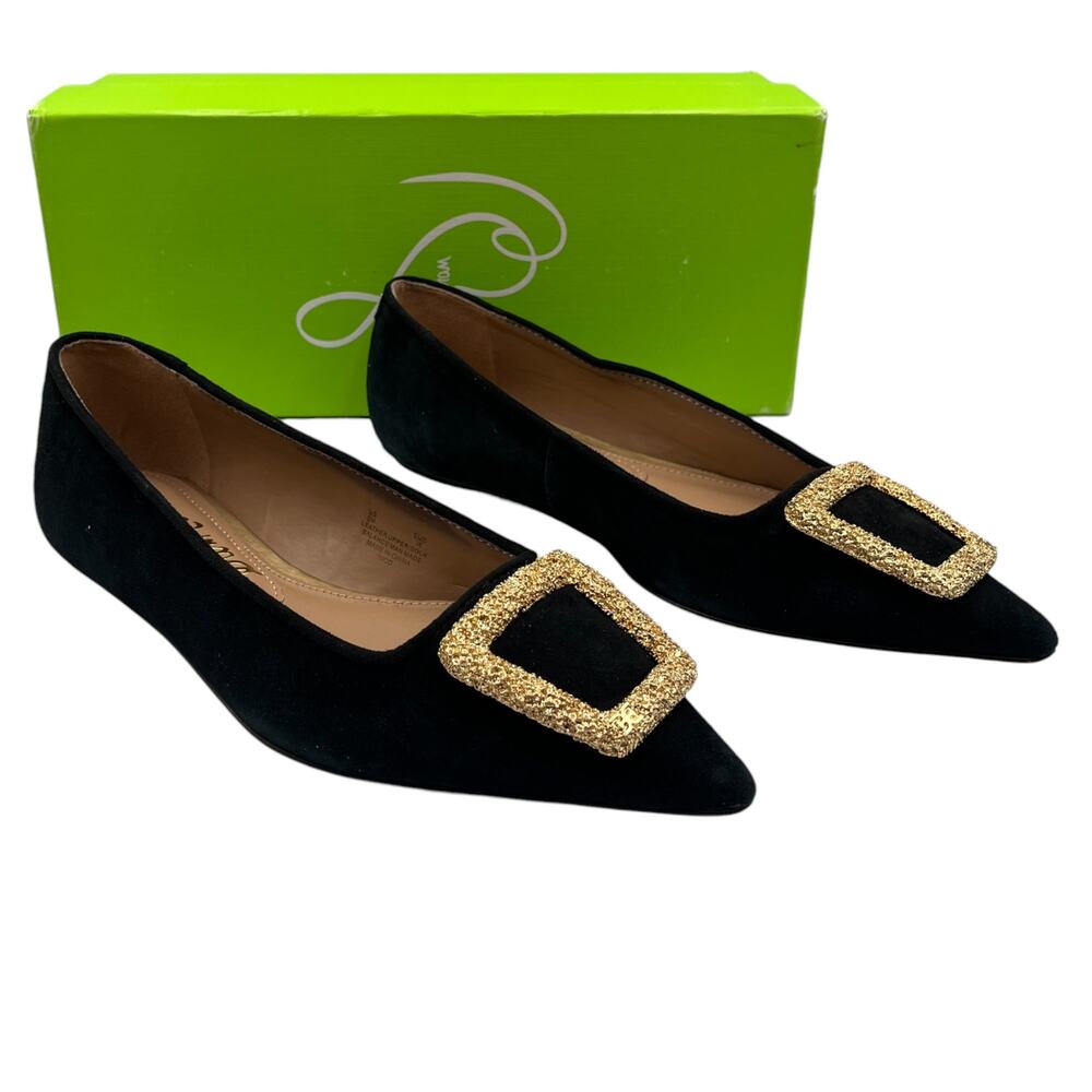 Sam Edelman Nico Gold Tone Buckle Suede Pointed Toe Ballet Flats Shoes Black 6M